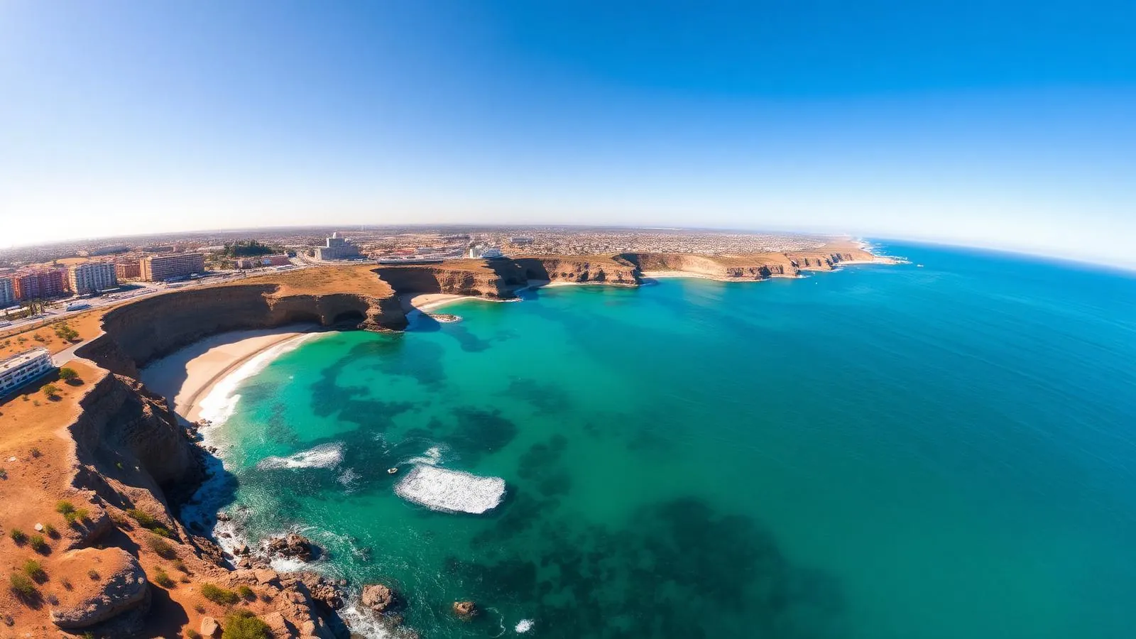Aerial view of the San Diego coastline with turquoise water and sandstone cliffs