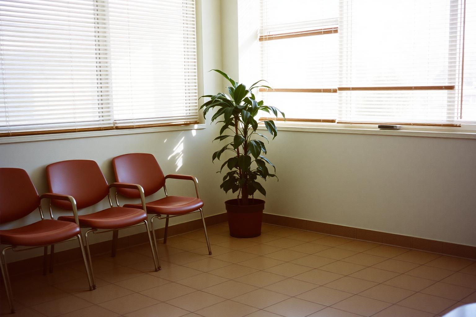 Sunlit medical clinic waiting room with empty chairs and a potted plant