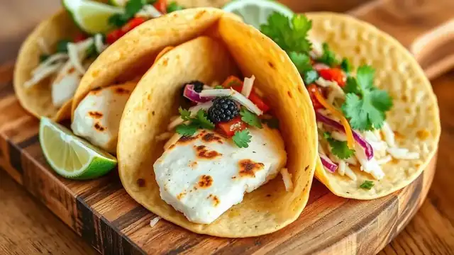 Authentic Baja-style fish tacos with lime, slaw, and salsa on a wooden board
