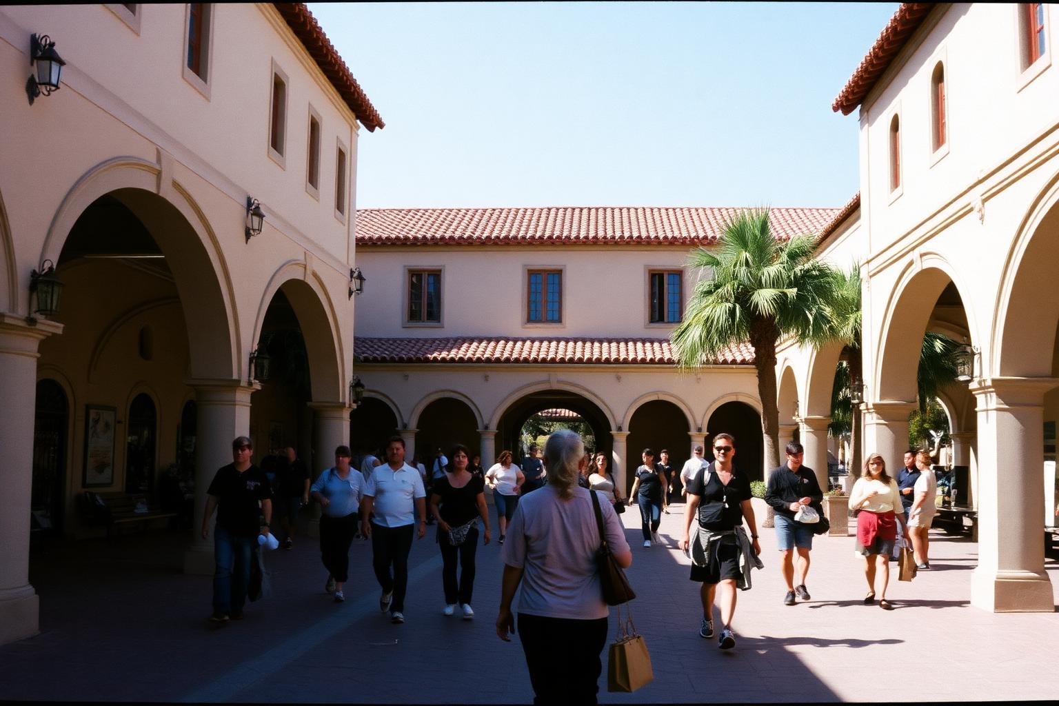 Visitors walking through a sunlit museum gallery in Balboa Park