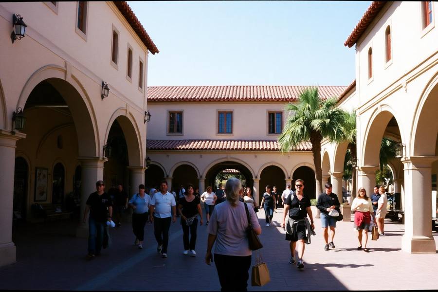Visitors walking through a sunlit museum gallery in Balboa Park