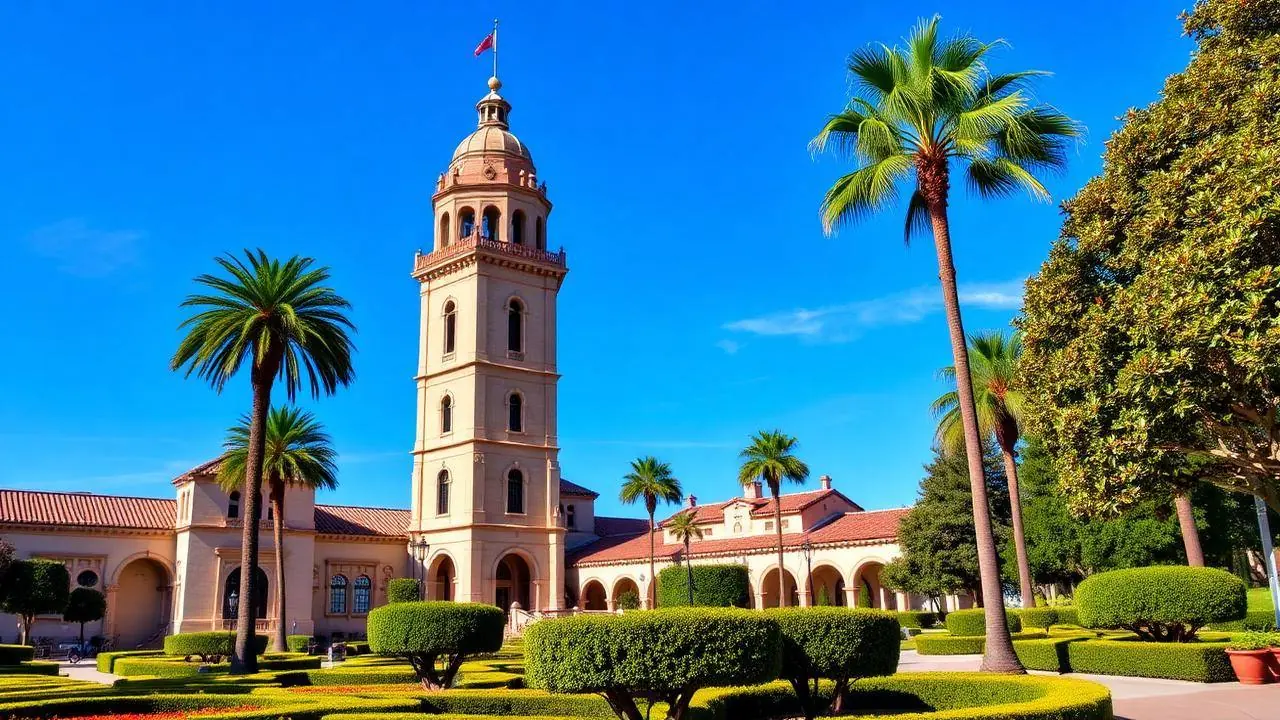 Iconic California Tower at Balboa Park in San Diego with palm trees and blue sky