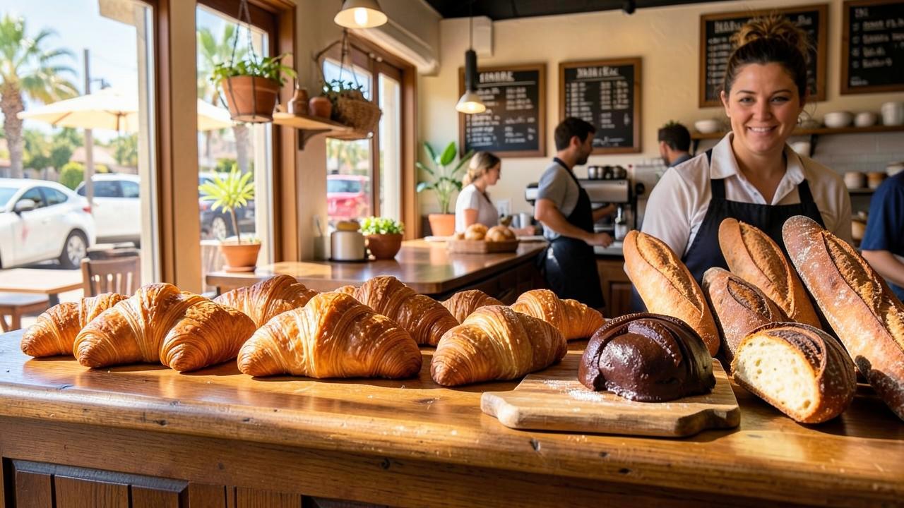 Golden croissants, pain au chocolat and baguettes on a wooden counter in a sunlit San Diego bakery