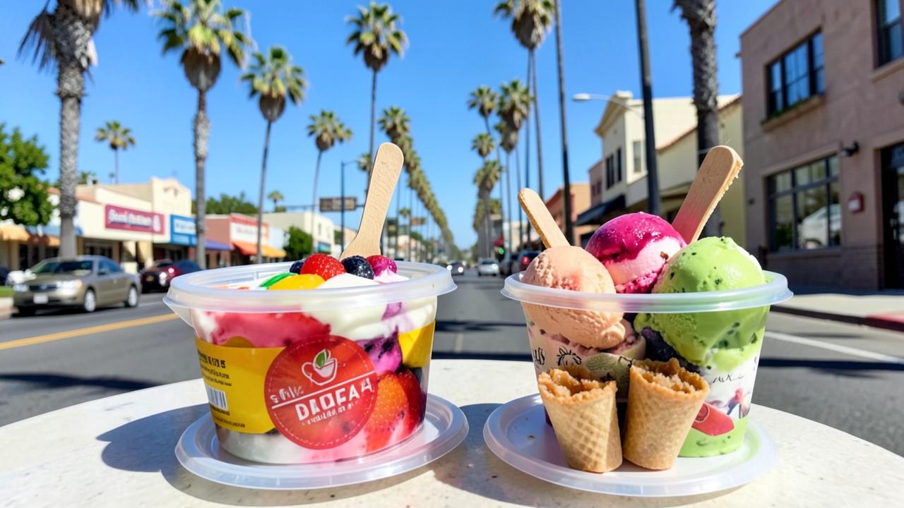 Brightly lit late-night dessert counter in San Diego with pastries and frozen treats