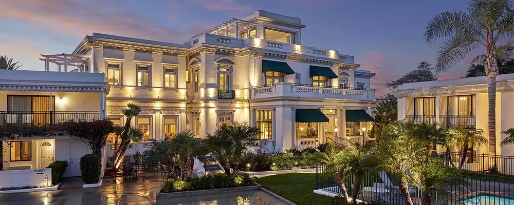 Historic mansion exterior of the Glorietta Bay Inn across from Hotel del Coronado