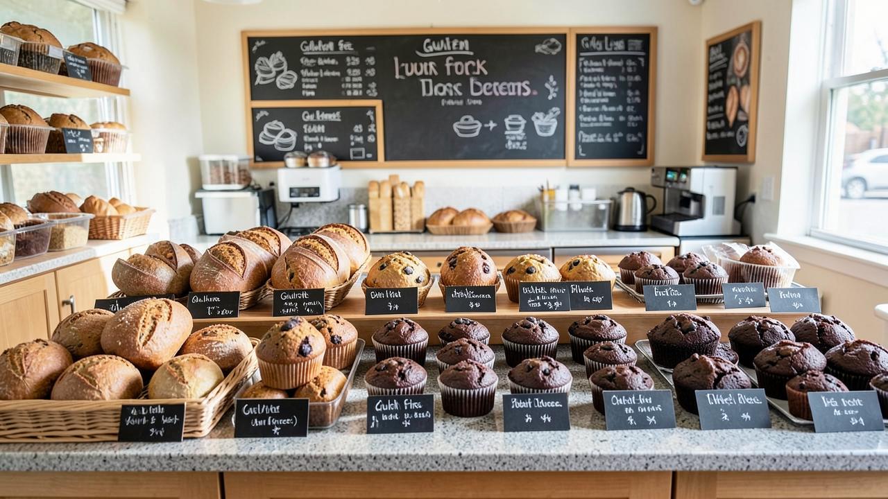 Gluten-free bakery counter in San Diego with labeled breads, muffins and brownies