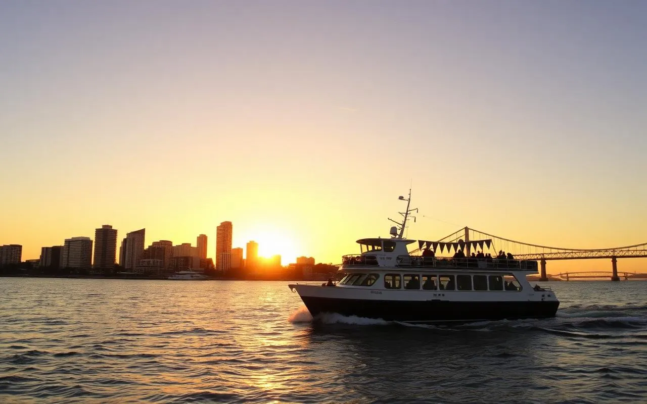 San Diego harbor cruise boat passing under the Coronado Bridge at sunset with downtown skyline behind