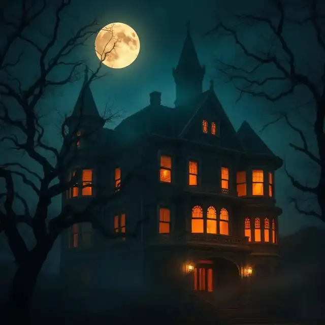 Fog-shrouded haunted Victorian mansion under a full moon in San Diego