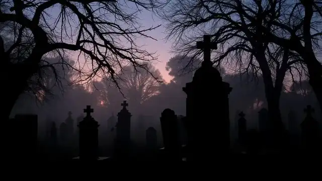 Eerie El Campo Santo cemetery in Old Town San Diego at twilight with weathered tombstones in fog