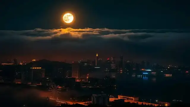 Eerie full-moon night view over downtown San Diego with low fog rolling in