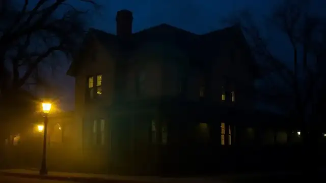 The historic Whaley House at twilight in Old Town San Diego, eerie fog around the brick Victorian home