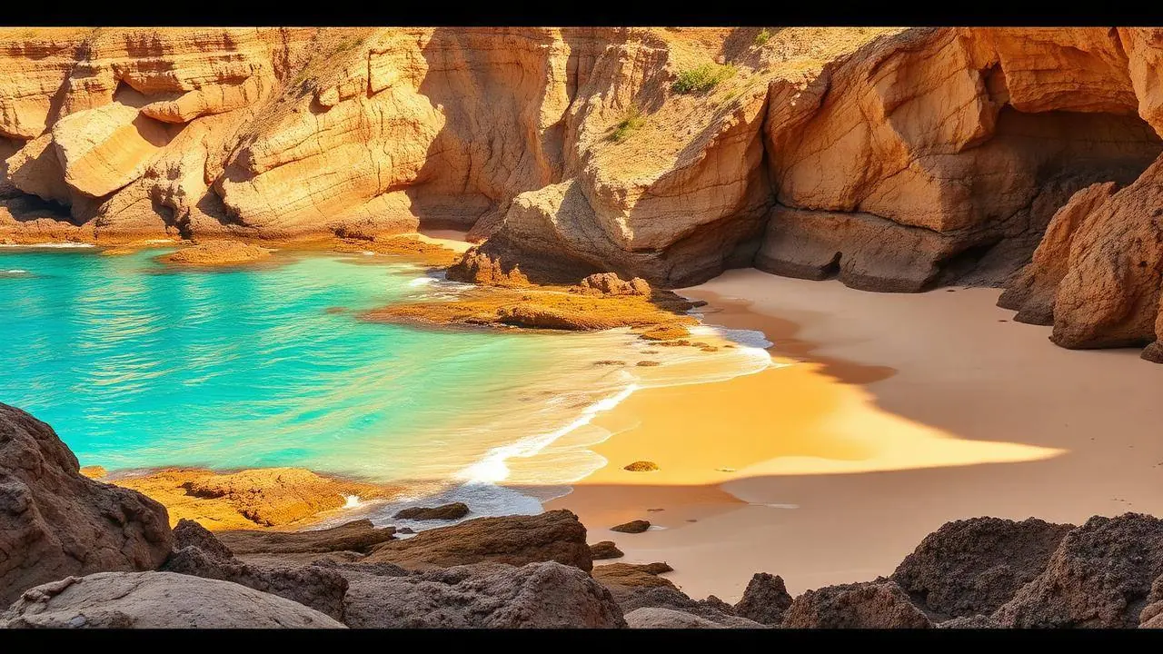 Hidden secluded beach cove with turquoise water and sandstone cliffs in San Diego