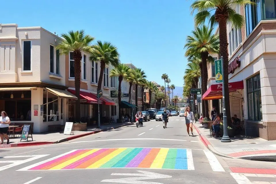 Hillcrest San Diego street scene with the neighborhood sign, restaurants, and pedestrians