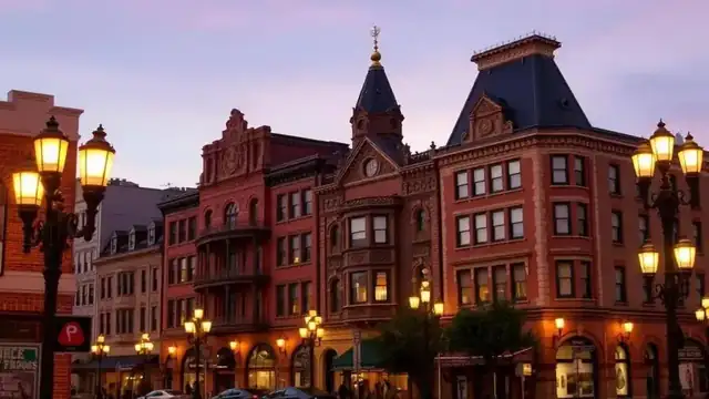 Victorian-era buildings of San Diego's Gaslamp Quarter at dusk with vintage gas lamps