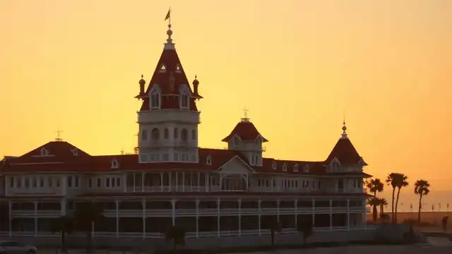 The Victorian red-roofed Hotel del Coronado at golden hour, San Diego