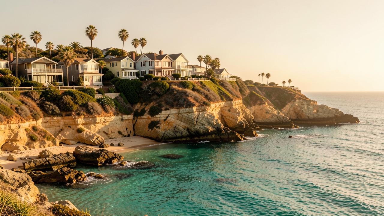 Historic cottages on the bluff above La Jolla Cove with sandstone cliffs and turquoise water at golden hour