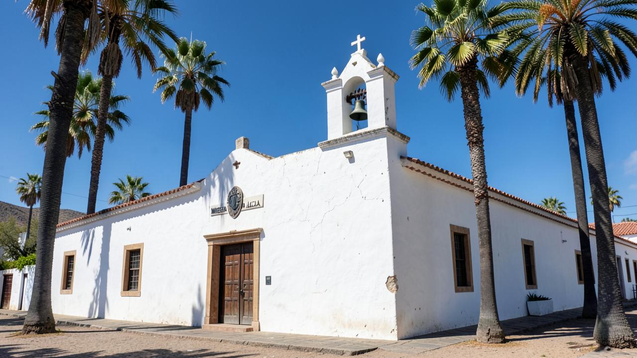 The white adobe facade and bell tower of Mission San Diego de Alcalá under a clear blue sky