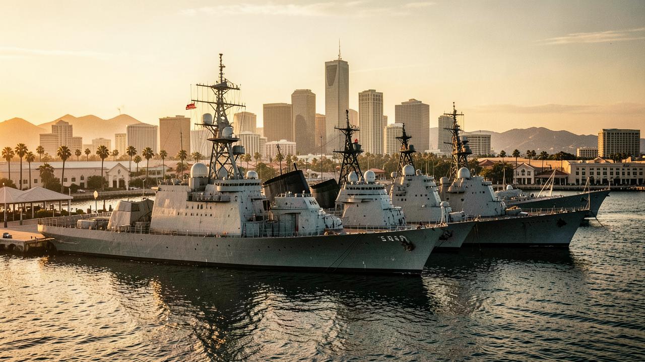 US Navy warships docked in San Diego Bay at sunset with the downtown skyline behind them