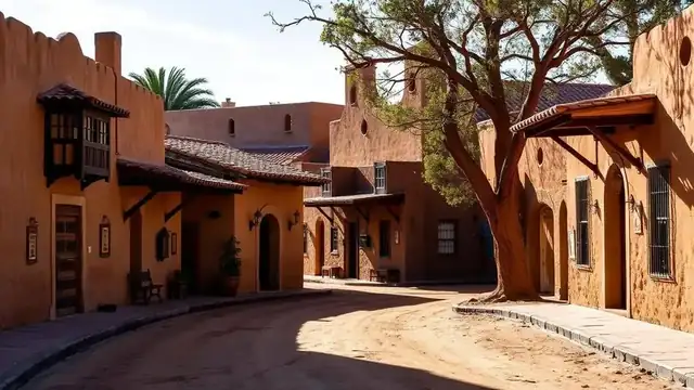 Historic adobe buildings in Old Town San Diego with Spanish colonial architecture