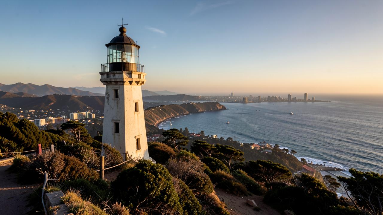 The Old Point Loma Lighthouse on the headland above San Diego Bay with the Pacific Ocean beyond