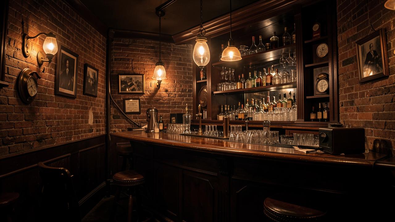 Dimly lit 1920s style speakeasy bar with brick walls, vintage glassware and a wooden back bar