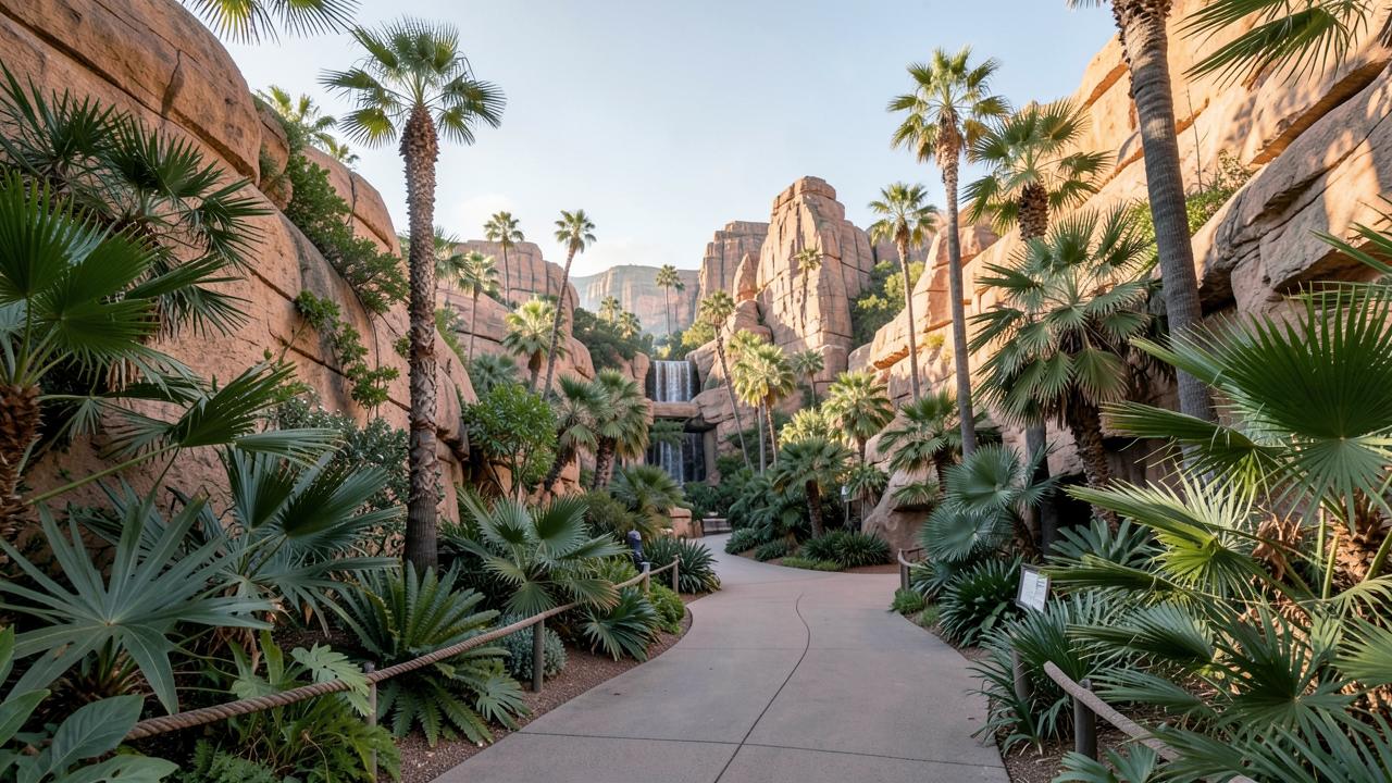Lush canyon pathway lined with palms and tropical plants inside the San Diego Zoo in Balboa Park