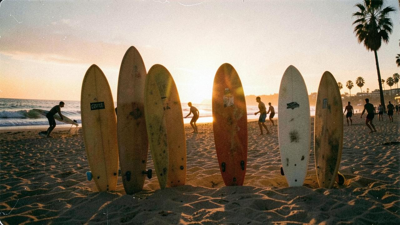 Vintage longboards standing upright in the sand at a San Diego beach at sunset with surfers in silhouette