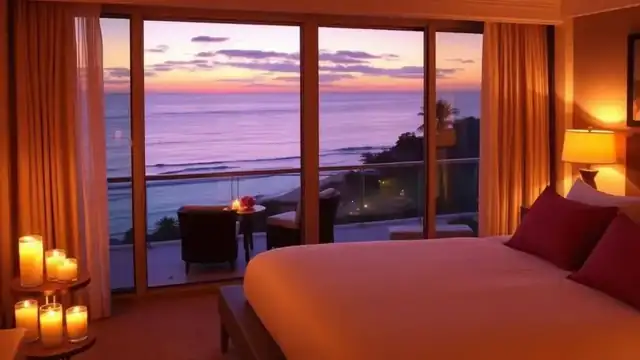 Romantic ocean-view honeymoon suite at sunset in San Diego with candles and a private balcony