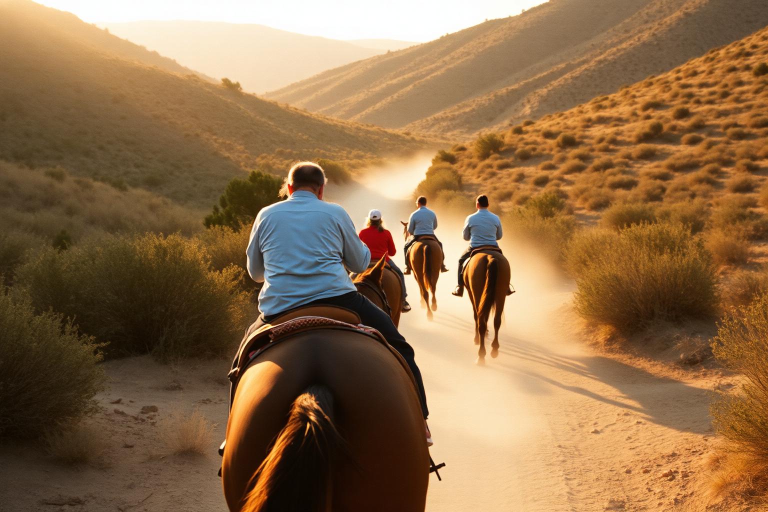 Riders on horseback along a wide Pacific beach at sunset with waves breaking beside them
