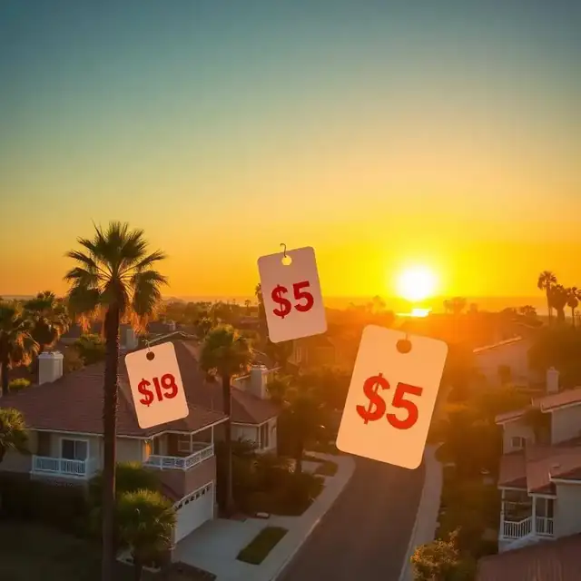 San Diego coastal residential neighborhood at sunset with price tags conceptually floating above the homes