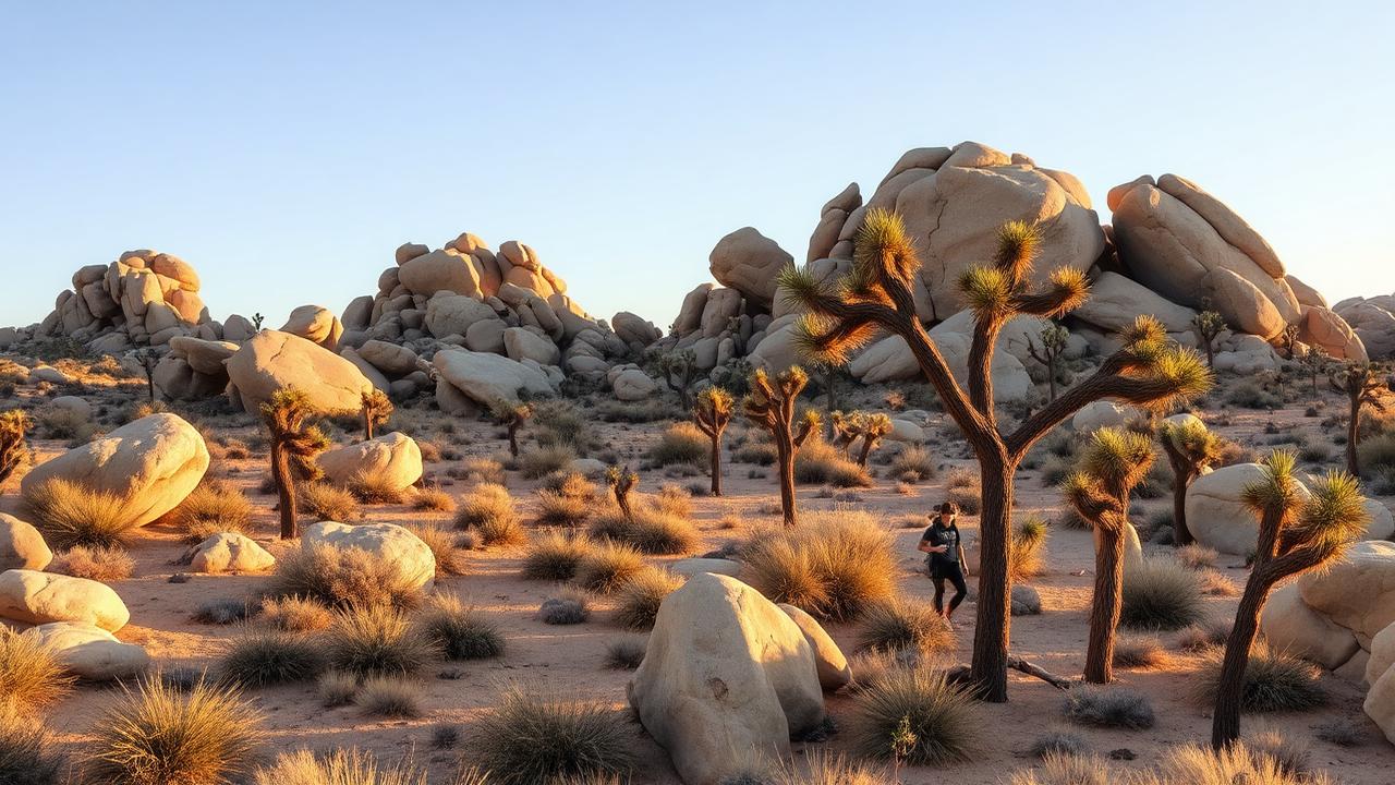 Joshua trees and granite boulder formations glowing at golden hour in Joshua Tree National Park