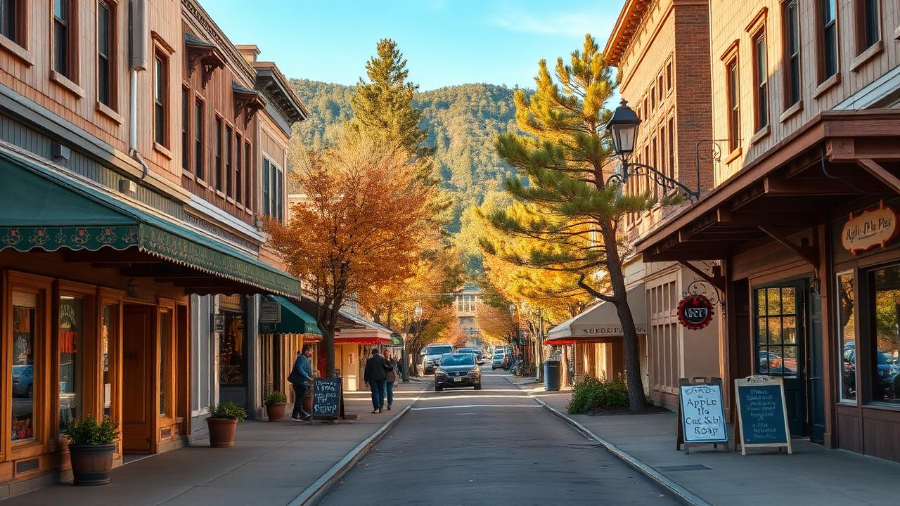 Historic wooden storefronts on Main Street in Julian, California with pine trees and autumn color