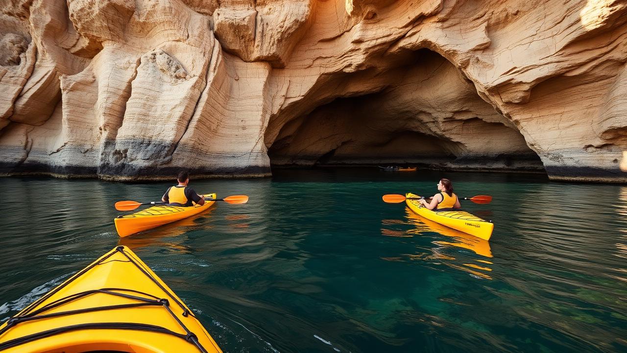 Kayakers paddling toward the sandstone sea caves at La Jolla Cove in morning light