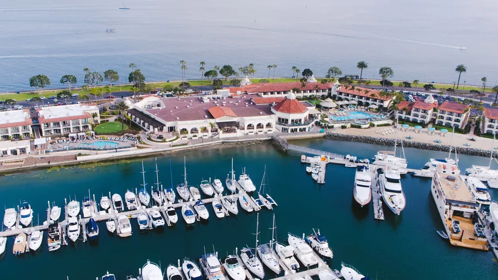Marina-side pool and palms at Kona Kai Resort on Shelter Island, Point Loma