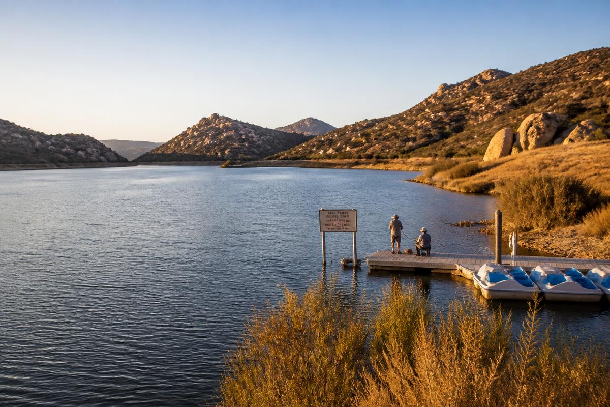 Anglers fishing from the dock at Lake Poway at golden hour with pedal boats moored and boulder hills behind