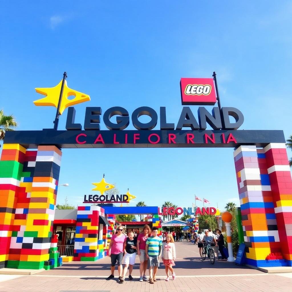 Colorful LEGOLAND California entrance with LEGO brick arch and family