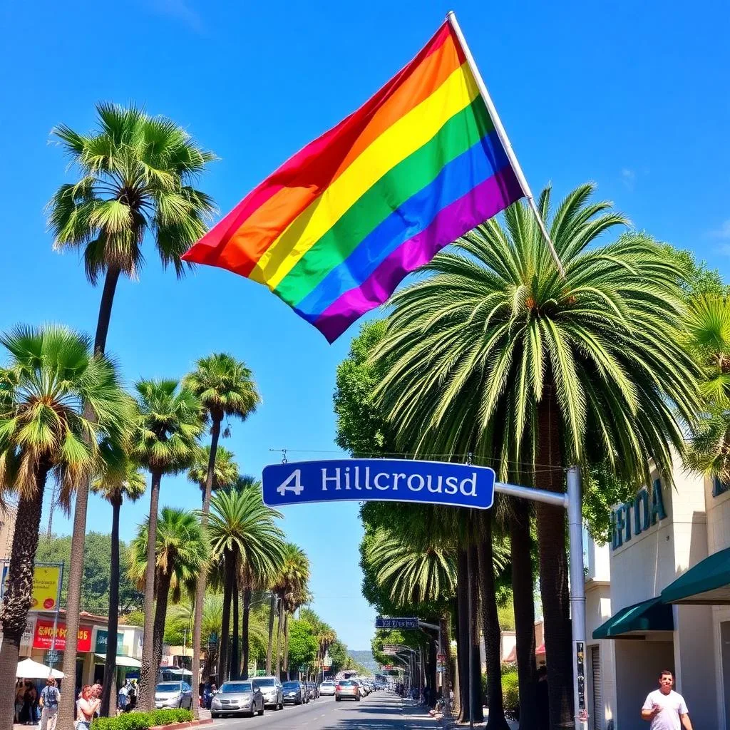 Rainbow pride flag flying over a palm-lined street in Hillcrest, San Diego's LGBTQ neighborhood