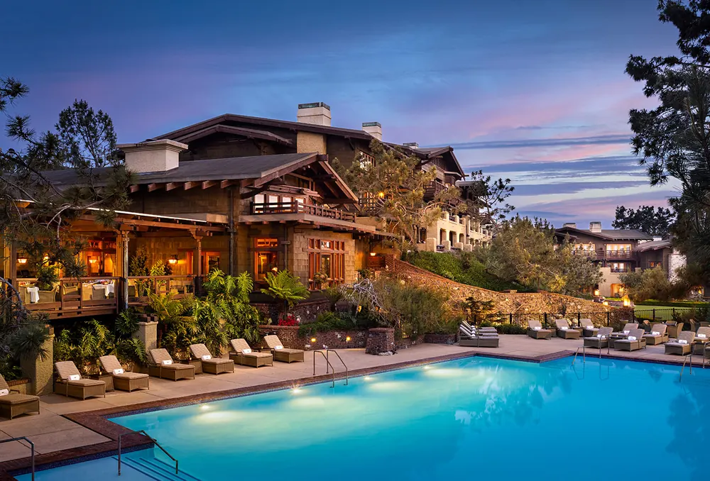 Craftsman-style exterior of The Lodge at Torrey Pines above the golf course in La Jolla