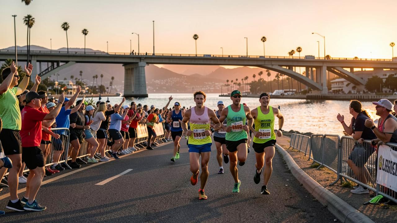 Runners crossing a San Diego waterfront bridge at sunrise with spectators cheering behind barriers