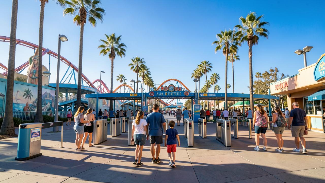 Family entering a sunny San Diego amusement park with palm trees and rides