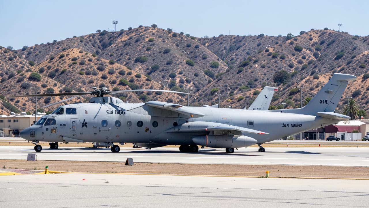 Military aircraft parked on the flight line at Marine Corps Air Station Miramar with dry chaparral hills behind