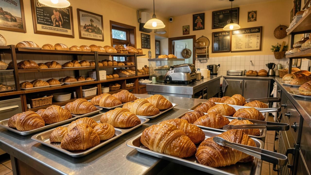 Trays of conchas and Mexican pan dulce in a San Diego panadería with tongs and warm bakery lighting