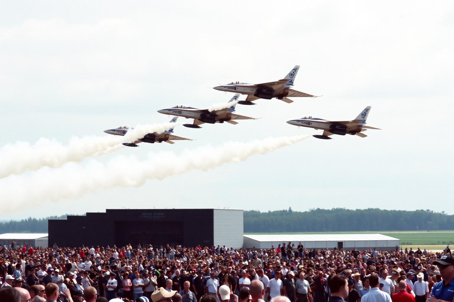 Military jets flying in tight formation trailing white smoke above a crowd of air show spectators