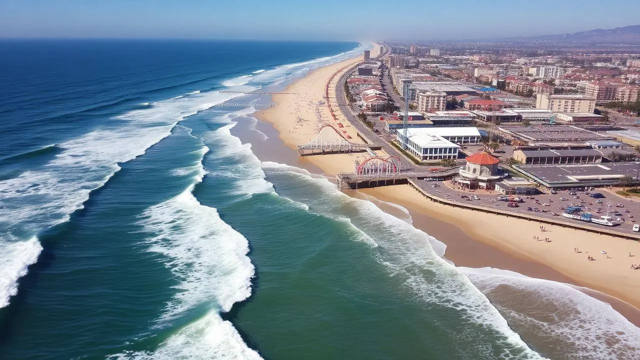 Mission Beach boardwalk with the Belmont Park roller coaster and beach cottages along the sand