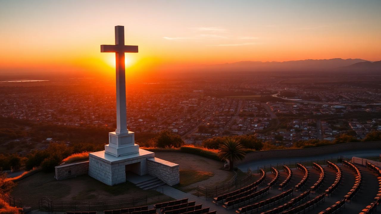 White cross monument and stone amphitheater on Mount Helix at sunset above the San Diego valley