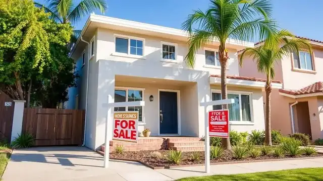 California stucco home in San Diego with a 'For Sale' sign and palm trees