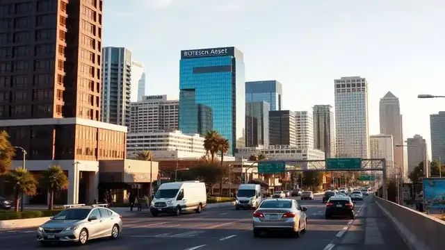 Downtown San Diego skyline with biotech and tech office buildings during morning commute