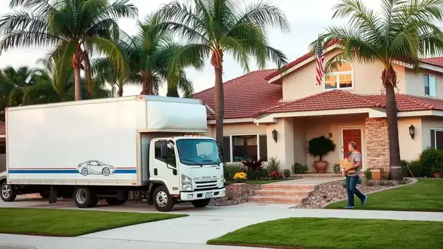 Moving truck and boxes outside a San Diego stucco home with palm trees