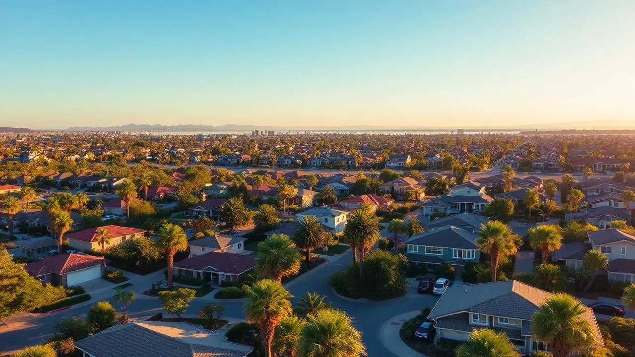 Vecindario residencial de San Diego con casas y palmeras bajo cielo despejado