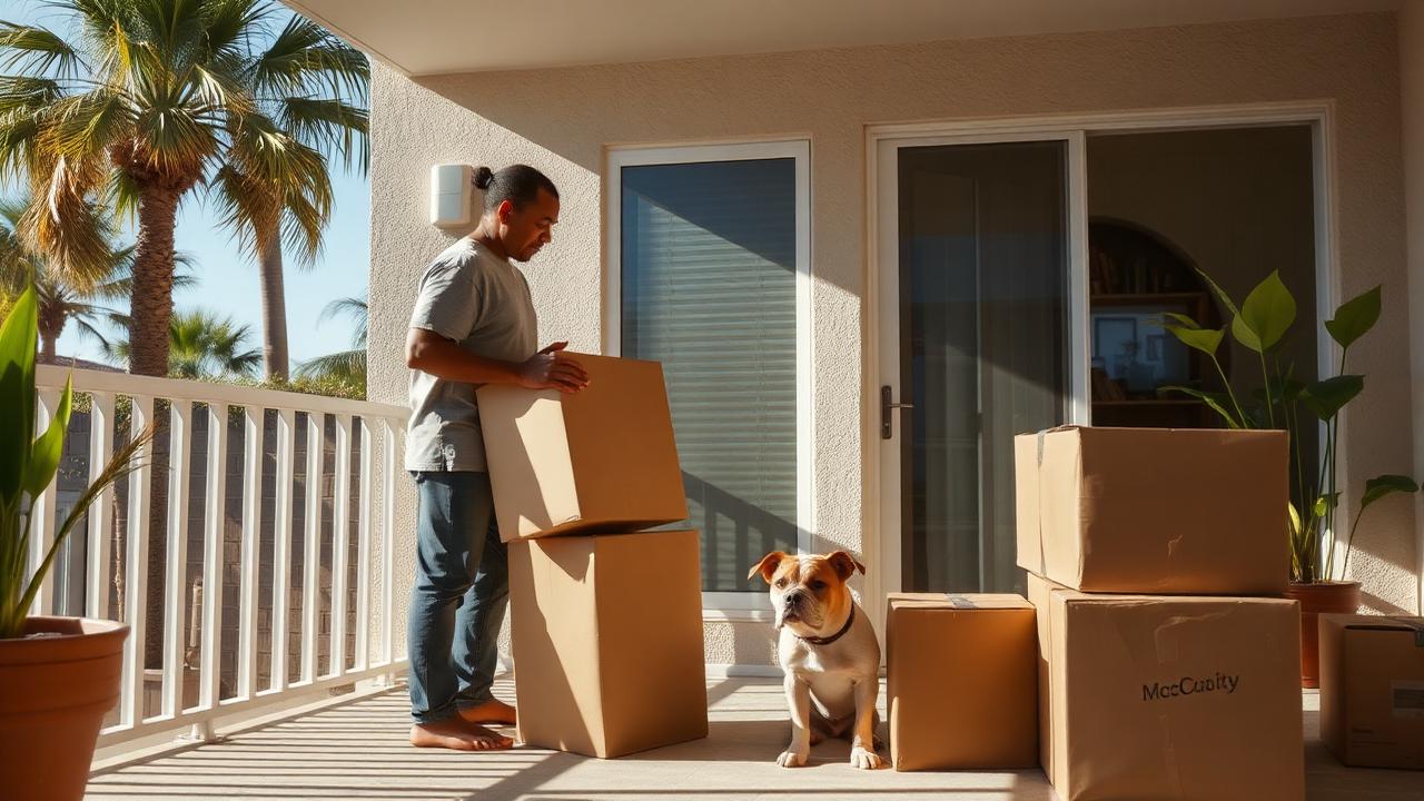 Person carrying moving boxes onto a sunny San Diego apartment patio with a dog sitting nearby